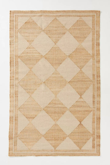 Natural & Beige Diamond Pattern Rug – Handcrafted Flatweave in Jute and Wool Blend