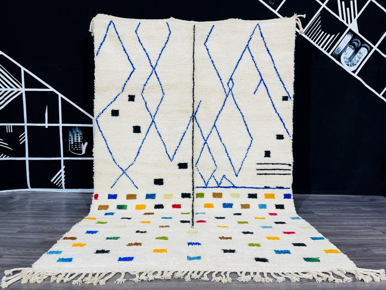 Handwoven Moroccan Azilal Rug | Bold Blue Geometric Wool Pattern | Modern Boho Style