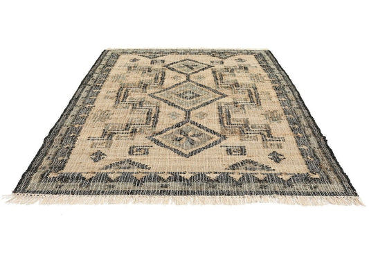 Handwoven Jute & Wool Rug – Flatweave Area Carpet with Blue & Beige Geometric Pattern | Modern Rustic Home Décor