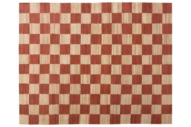 Handwoven Jute & Wool Rug – Terracotta & Natural Checkered Pattern