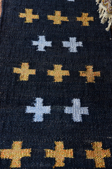 Handwoven Jute & Wool Runner Rug – Black with Gold & White Cross Pattern