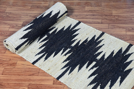 Handwoven Jute Runner Rug with Black Zigzag Tribal Pattern - Natural & Black