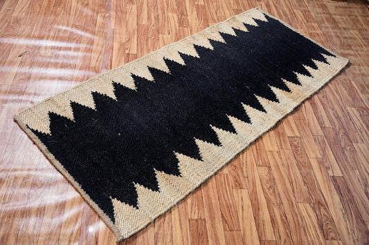 Handwoven Jute & Black Geometric Pattern Runner - Natural & Black