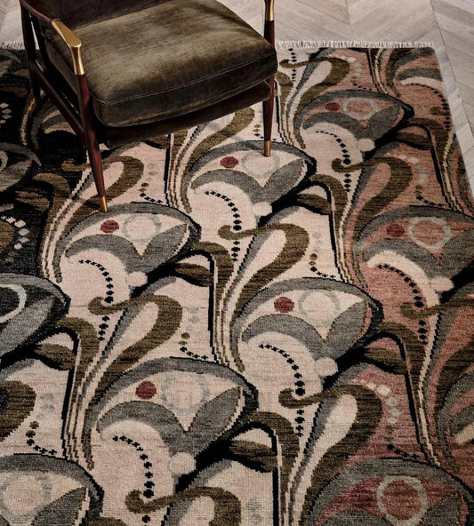 Hand-Knotted Art Nouveau Floral Oushak Wool Runner – Pastel Gray, Olive &amp; Rose Tones with Fringes | Boho-Modern Hallway or Bedroom Accent Rug