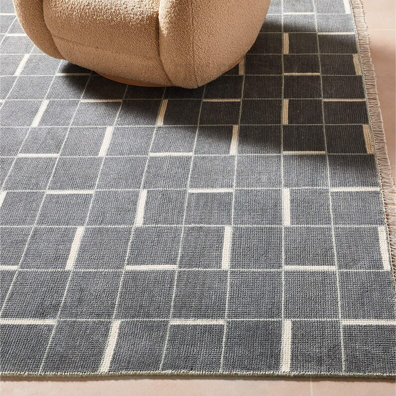 Luxury Symi Hand-Knotted Rug – Arctic Blue Geometric Pattern, Premium New Zealand Wool Modern Minimalist Area Rug