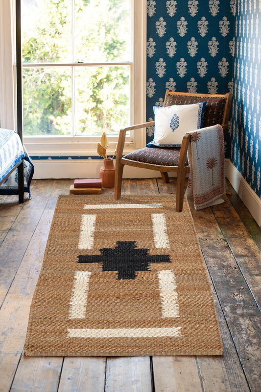 Handwoven Jute Rug Runner with Geometric Black & White Design - Natural & Black