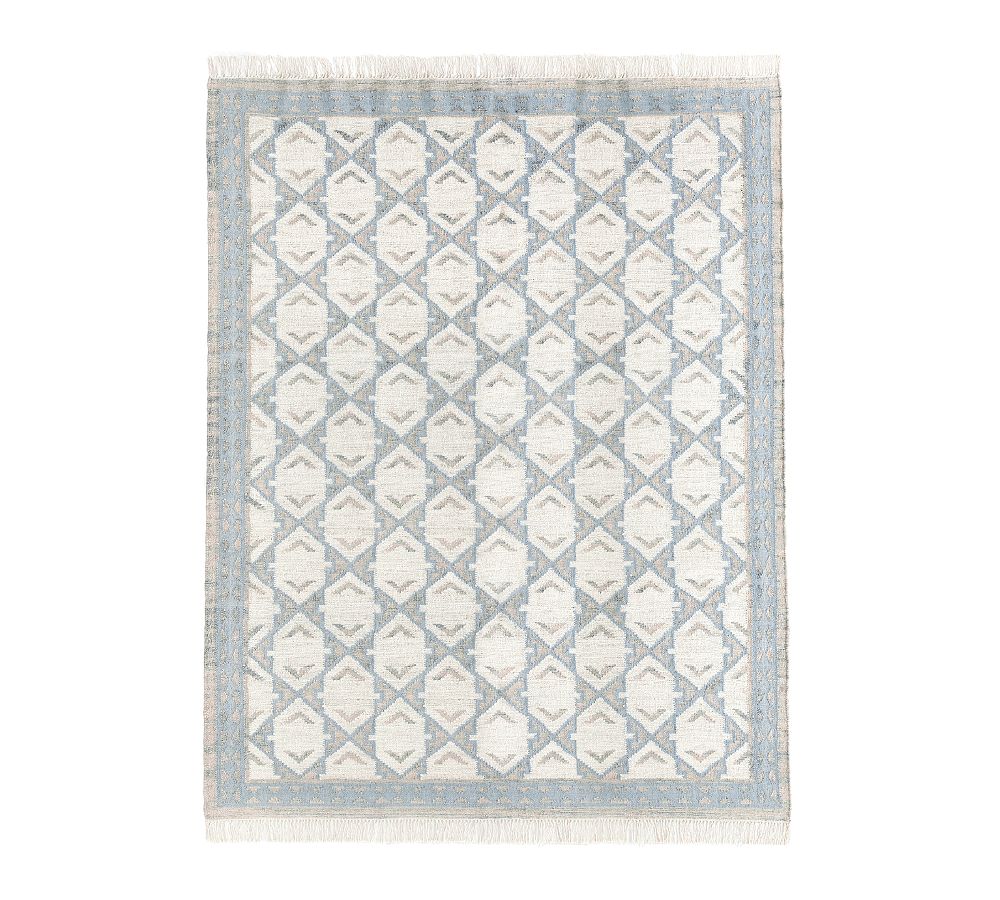 Premium Handwoven Wool & Jute Flatweave Rug – Blue & Ivory Geometric Design