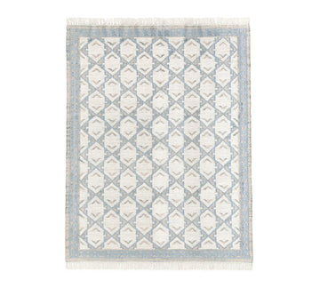 Premium Handwoven Wool & Jute Flatweave Rug – Blue & Ivory Geometric Design