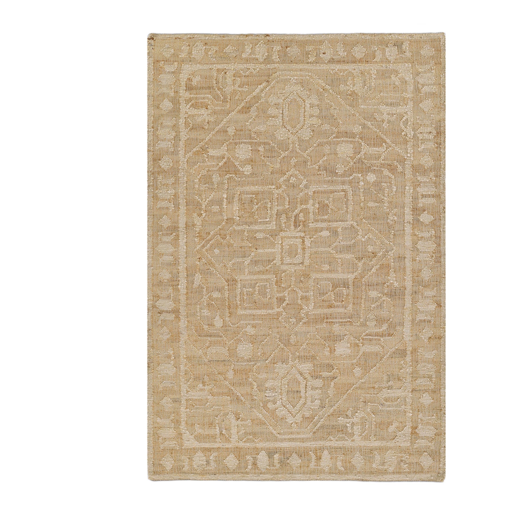Timeless Elegance | Beige Wool & Jute Flatweave Rug Featuring Classic Medallion Design