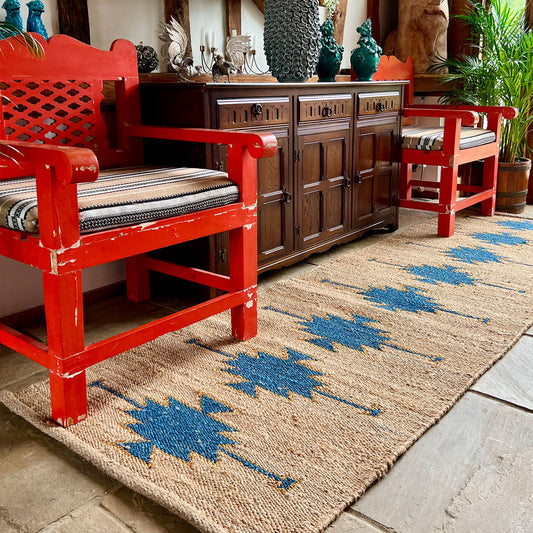 Handcrafted Flatweave Runner – Jute & Wool with Teal Tribal-Inspired Motif