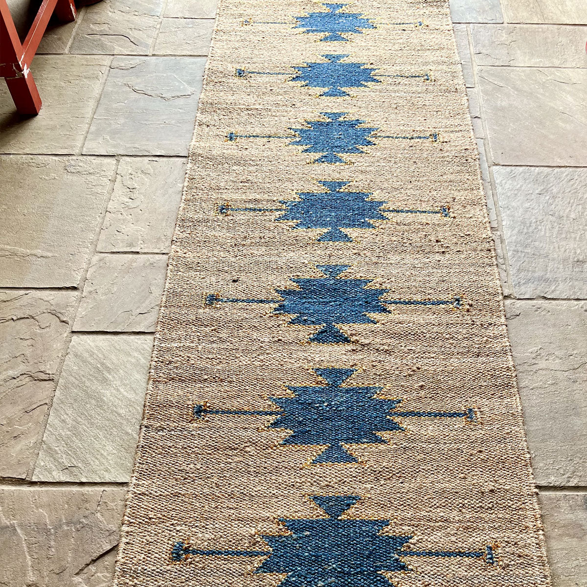 Handcrafted Flatweave Runner – Jute & Wool with Teal Tribal-Inspired Motif