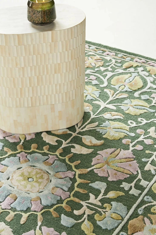 Handmade Wool & Silk Tufted Rug Floral Botanical Design Green Carpet