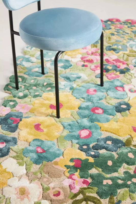 Handmade Wool Silk Tufted Rug Cassia Floral Colorful Contemporary Style