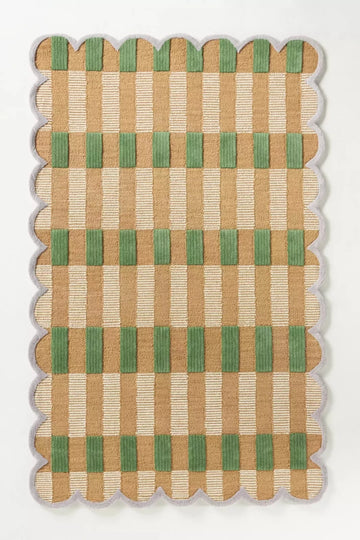 Vintage Wool Plaid Green Tufted Rug by Anthropologie - Handmade Wool Area Rug