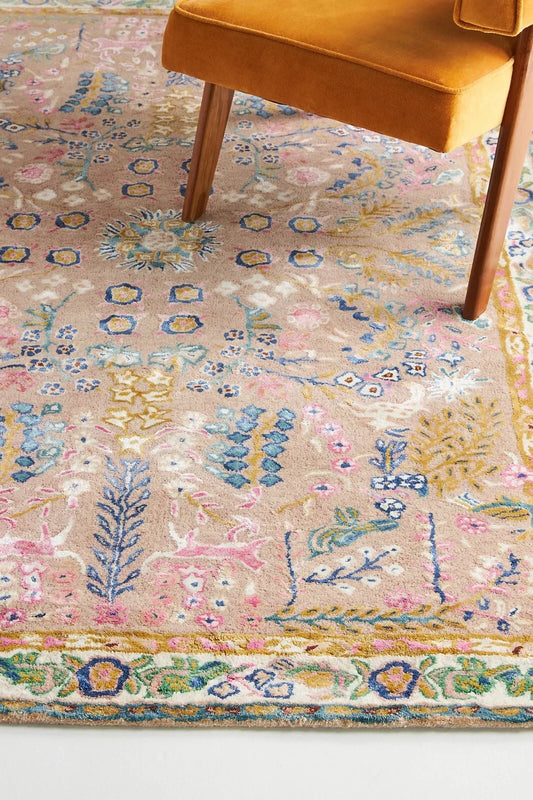 Hand-Tufted Wool & Viscose Rug Avery Design Floral Pattern Beige Pink Accents
