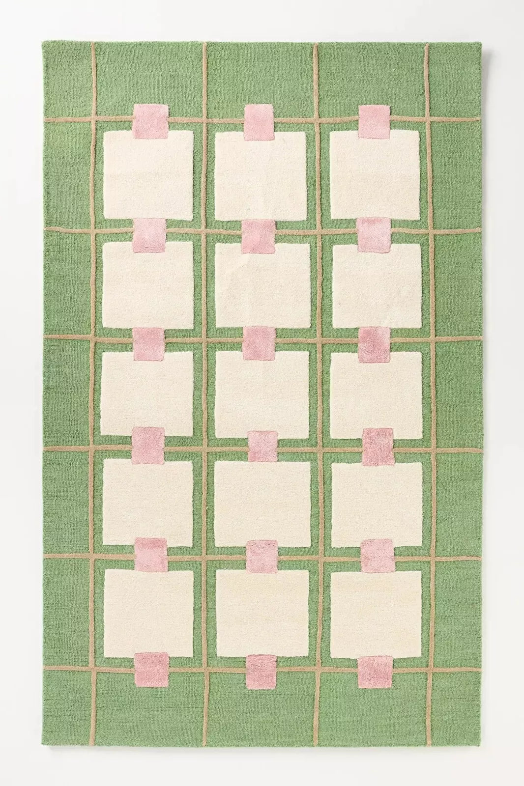Wool Viscose Blend Tufted Area Rug Greer Geometric Handmade Green Pink Ivory