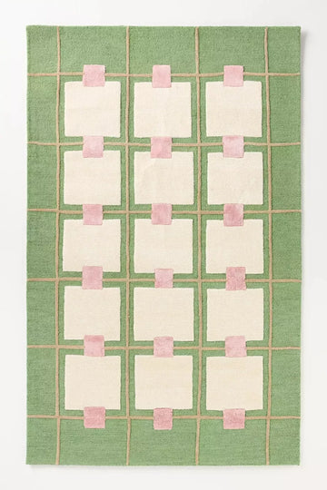 Wool Viscose Blend Tufted Area Rug Greer Geometric Handmade Green Pink Ivory