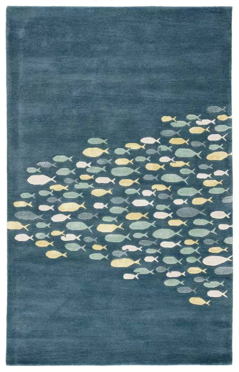 Modern Coastal Fish Captains Blue Hand-Tufted 100% Wool Soft Area Rug Carpet