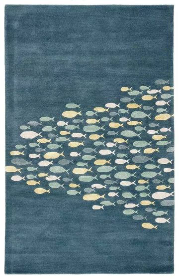Modern Coastal Fish Captains Blue Hand-Tufted 100% Wool Soft Area Rug Carpet