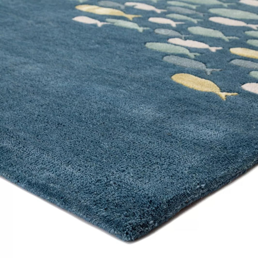 Modern Coastal Fish Captains Blue Hand-Tufted 100% Wool Soft Area Rug Carpet